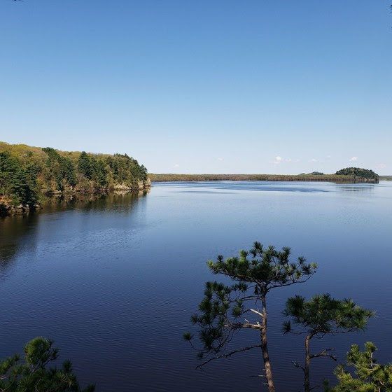 A scenic view of the Wisconsin River from the Dells of the Wisconsin River State Natural Area.