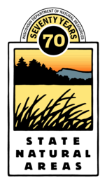 DNR's State Natural Areas logo featuring a lake graphic with pines, grass and a hill