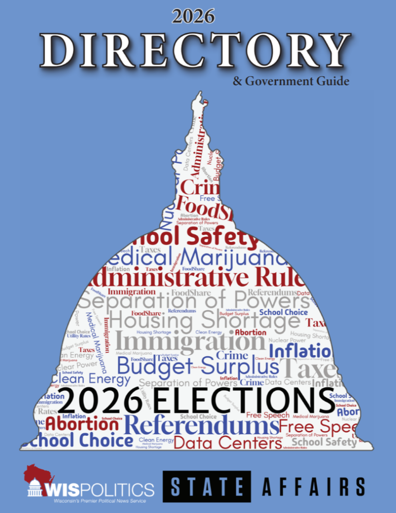 Cover of the 2026 Directory & Government Guide, depicting an outline of the Wisconsin Capitol filled in with a word cloud signifying key issues.