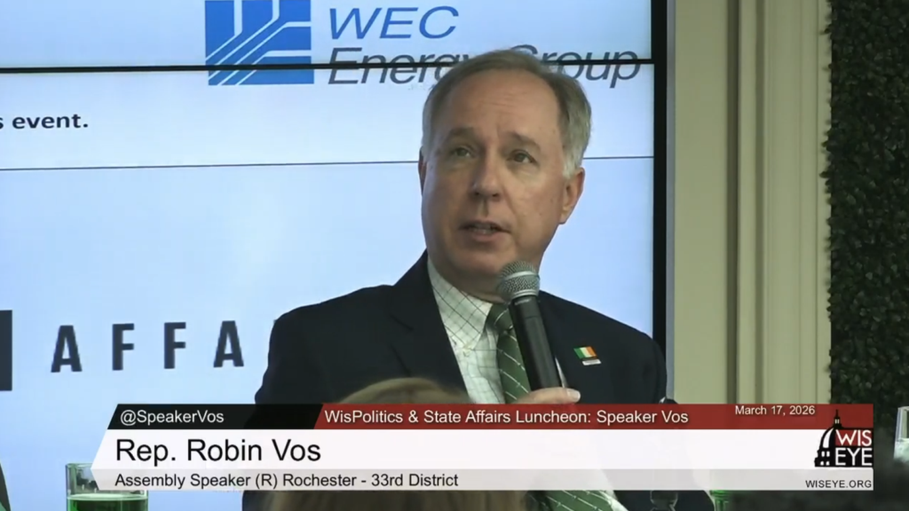 Screenshot from WisconsinEye video of Assembly Speaker Robin Vos speaking at a WisPolitics luncheon.