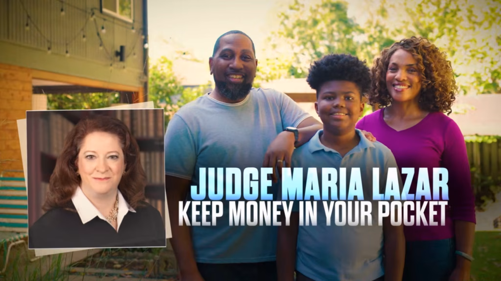 Screenshot of an ad from Bill Berrien’s PAC showing a picture of conservative Supreme Court candidate Maria Lazar wearing judicial robes. Text reads "Judge Maria Lazar" and "keep money in your pocket."