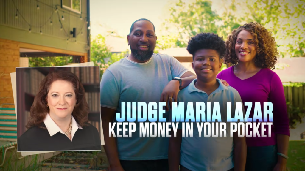 Screenshot of an ad from Bill Berrien’s PAC showing a picture of conservative Supreme Court candidate Maria Lazar wearing judicial robes. Text reads "Judge Maria Lazar" and "keep money in your pocket."