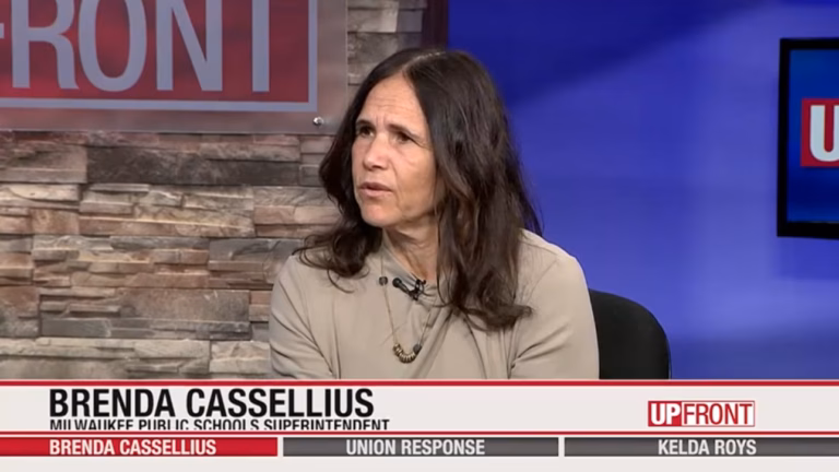 Image shows MPS Superintendent Brenda Cassellius speaking in the WISN studio.