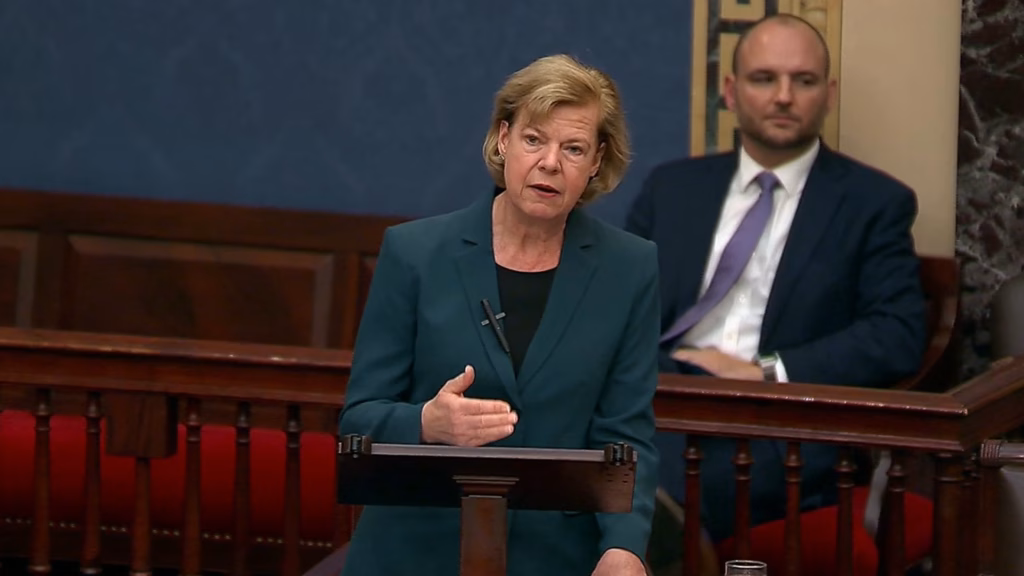 U.S. Sen. Tammy Baldwin delivering a speech on the U.S. Senate floor.