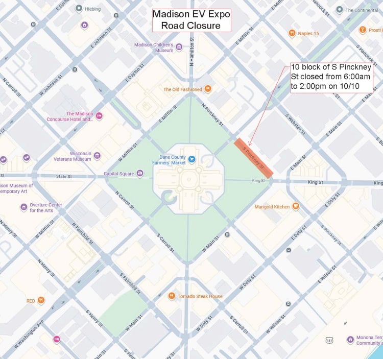 10 block of S Pinckney Street is closed from 6am to 2pm on October 10, 2026