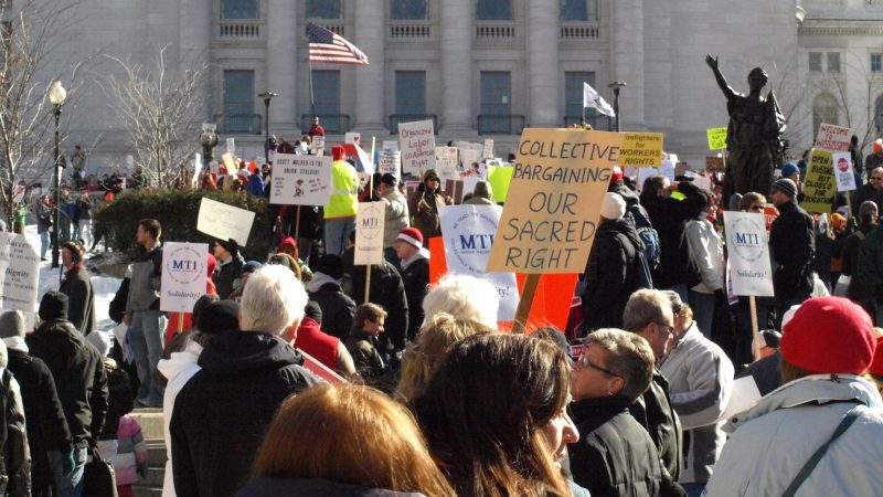 Former Gov. Scott Walker's 2011 Act 10 legislation drew large protests at the Wisconsin State Capitol and resulted in an ultimately unsuccessful recall against the Republican governor. Photo by WisPolitics, Feb. 19, 2011.