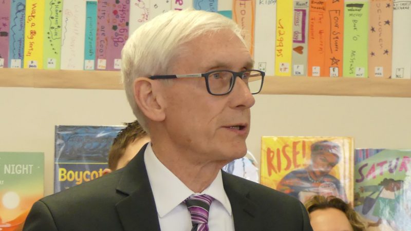 Gov. Tony Evers delivers remarks ahead of vetoing a GOP tax bill at Lincoln Elementary School in Wauwatosa on Feb. 26, 2020.  Photo by David Wise.