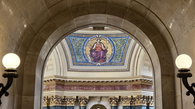 Wisconsin's Capitol building features four mosaics representing the branches of government and liberty designed by artist Kenyon Cox. Photo by David Wise, September 2024.