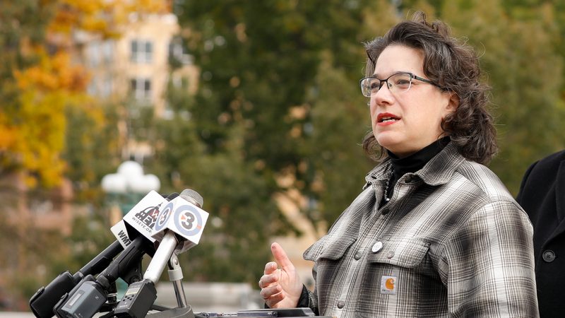 Wisconsin State Senator Melissa Agard speaks at a press conference regarding abortion rights outside of the Wisconsin State Capitol in Madison on Thursday, Oct. 20, 2022.