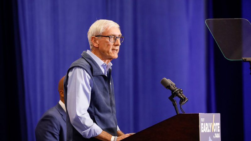 Governor Tony Evers speaks a Wisconsin Democrats campaign rally at North Division High School in Milwaukee on Saturday, Oct. 29, 2022. Photo by Ruthie Hauge, The Capital Times.