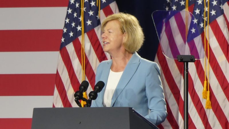 U.S. Sen. Tammy Baldwin addresses a July 23, 2024, campaign rally for Kamala Harris. Photo by David Wise.