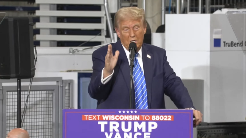 Donald Trump speaks at an Oct. 1, 2024, campaign rally in Waunakee, Wisconsin. Screenshot from Trump campaign video.