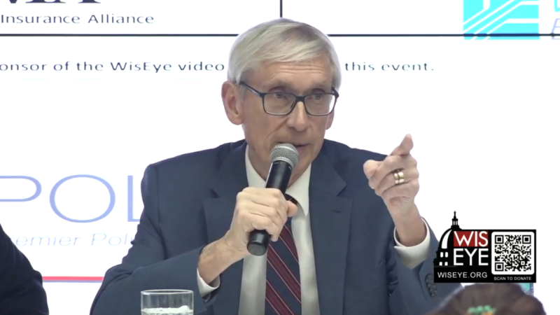 Gov. Tony Evers addresses a March 4, 2025, WisPolitics luncheon in Madison. WisconsinEye screenshot.