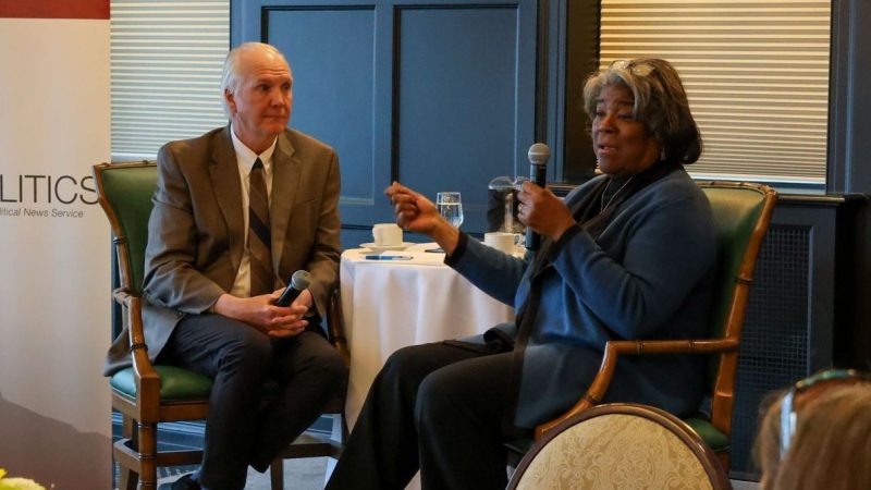 Former U.S. ambassador to the United Nations, Linda Thomas-Greenfield, discussed her career in public service and the state of U.S. diplomacy at an April 2, 2025, event hosted by WisPolitics, UW-Madison’s La Follette School of Public Affairs and Wisconsin Women in Government.  Photo by La Follette School of Public Affairs.