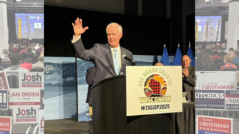 U.S. Sen. Ron Johnson addresses the 2025 WisGOP convention in Rothschild, May 17. Johnson photo via WisGOP X account.
