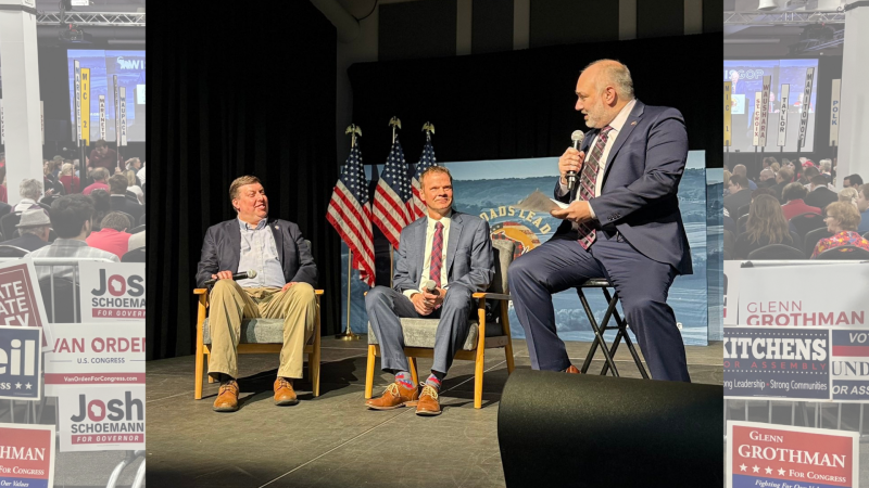 Joint Finance Co-chair Mark Born and Senate Majority Leader Devin LeMahieu participated in a panel discussion at the 2025 WisGOP convention in Rothschild, May 17. Panel photo via WisGOP X account.