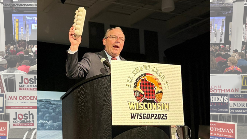 U.S. Rep. Tom Tiffany addresses the 2025 WisGOP convention in Rothschild, May 17. Tiffany photo via WisGOP X account.