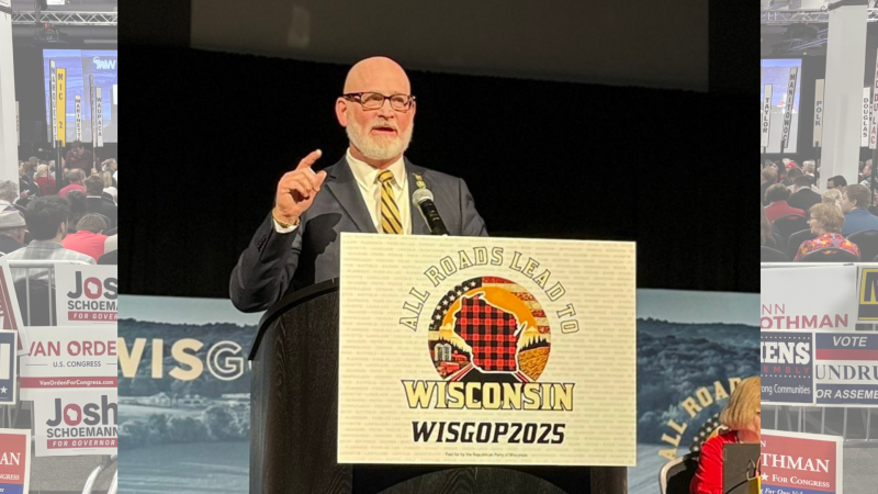 U.S. Rep. Derrick Van Orden addresses the 2025 WisGOP convention in Rothschild, May 17. Van Orden photo via WisGOP X account.