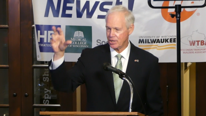 U.S. Sen. Ron Johnson, R-Oshkosh, addresses a WisPolitics/Milwaukee Press Club luncheon May 28, 2025. Image by David Wise.