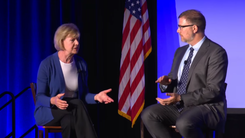 U.S. Sen. Tammy Baldwin, D-Madison, and Wisconsin Dem Party Chair Ben Wikler held a Q&A at the WisDems 2025 state convention. Screenshot from WisDems YouTube livestream.
