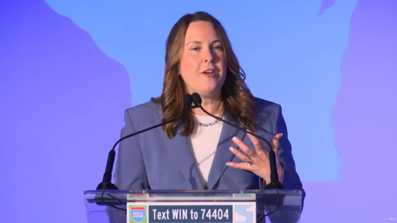 Senate Minority Leader Diane Hesselbein addresses the 2025 Dem Party state convention. Screenshot from WisDems YouTube livestream.