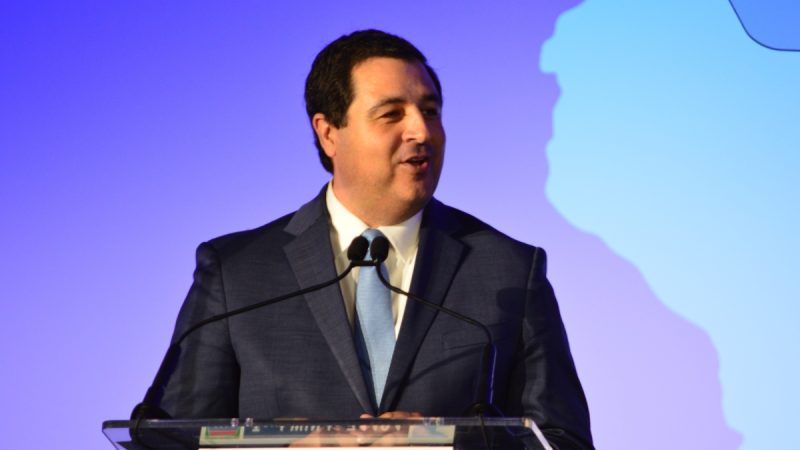 Attorney General Josh Kaul addresses the 2025 WisDems state convention in Wisconsin Dells. Photo by Abigail Leavins.