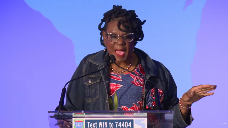 U.S. Rep. Gwen Moore, D-Milwaukee, addresses the 2025 WisDems state convention in Wisconsin Dells. Screenshot from WisDems YouTube stream.