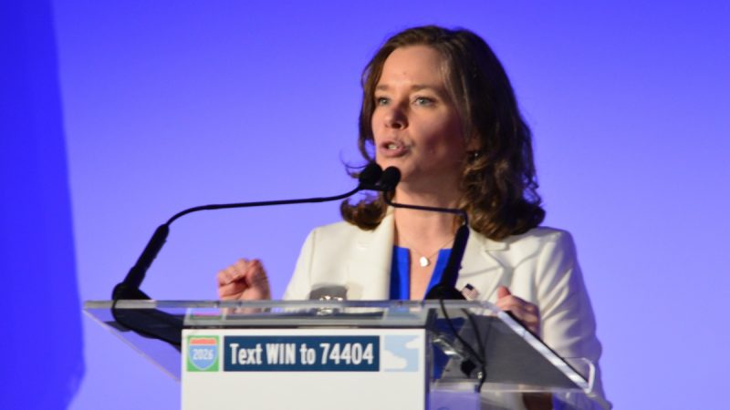 Lt. Gov. Sara Rodriguez addresses the 2025 WisDems state convention in Wisconsin Dells. Photo by Kate Morton.