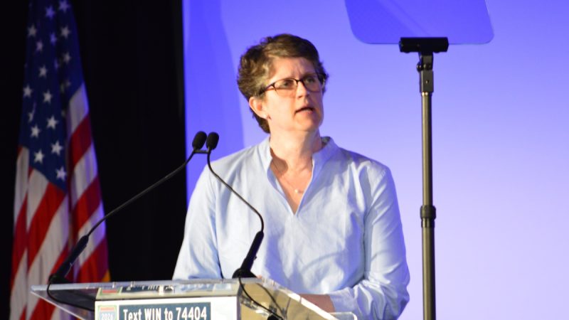 State Superintendent Jill Underly addresses the 2025 WisDems state convention in Wisconsin Dells. Photo by Abigail Leavins.