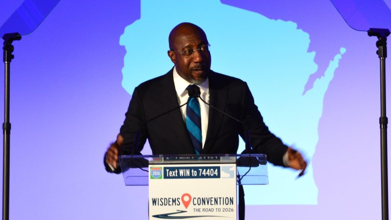 U.S. Sen. Raphael Warnock, D-Ga., addresses the 2025 WisDems state convention. Photo by Abigail Leavins.