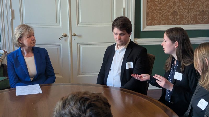 U.S. Sen. Tammy Baldwin, D-Madison, speaks with students form the UW-Madison LaFollette School of Public Affairs ahead of a WisPolitics-State Affairs luncheon in Madison Feb. 19, 2026. Submitted photo.