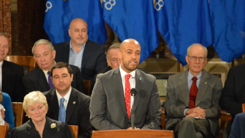 Lt. Gov. Mandela Barnes addresses a crowd at the Capitol during his inaugural address.