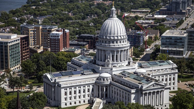 Aerial view of the Wisconsin Capitol and surrounding neighborhoods in Madison, Wisconsin.