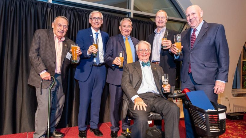 From left: former Gov. Martin Schreiber, Gov. Tony Evers, former Gov. Tommy Thompson, former Gov. Tony Earl, former Gov. Scott McCallum and former Gov. Jim Doyle. Capital Times photo.