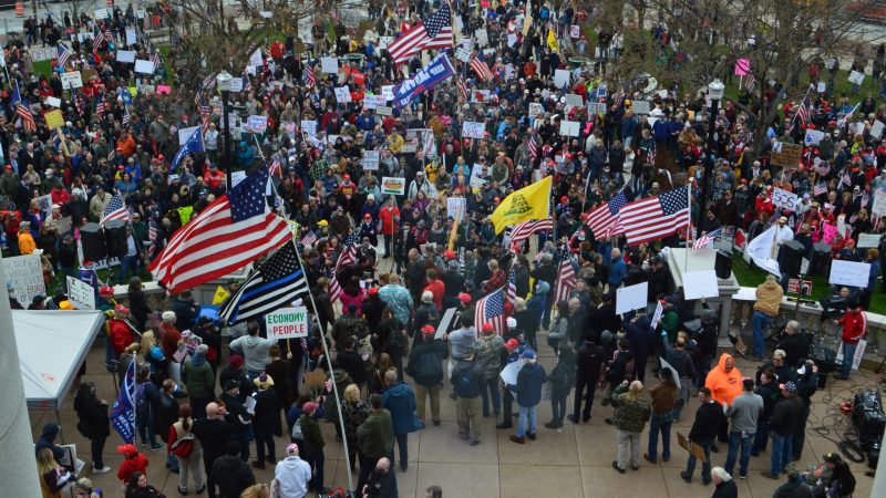 Protesters gathered at the state Capitol in Madison April 24, 2020,  to demonstrate against the Evers administration's stay-at-home order. Photo by JR Ross.