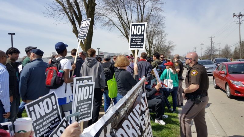 Protesters gather outside Snap-on in Kenosha, Wis., ahead of President Trump's April 18, 2017 visit. Photo by David Wise, WisPolitics.com