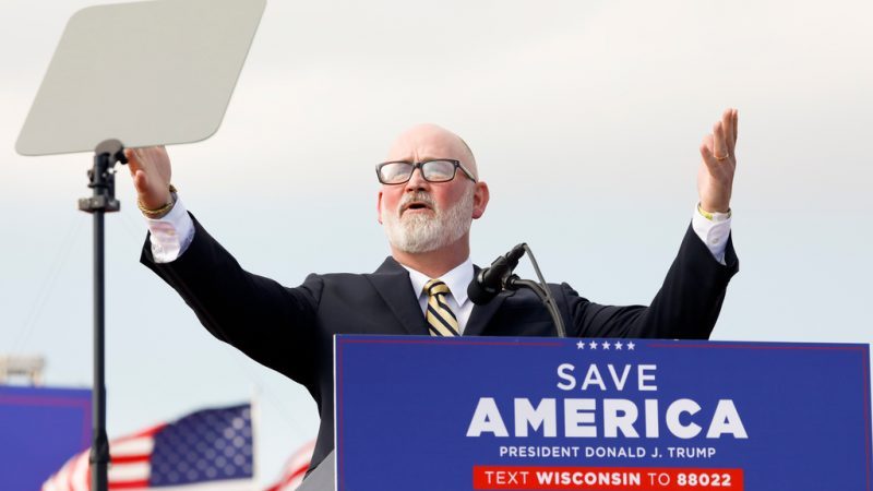 Then-candidate for congress Derrick Van Orden addresses the audience at a rally in which former President Donald Trump endorsed gubernatorial candidate Tim Michels at the Waukesha County Expo Center on Friday, Aug. 5, 2022. Photo by Ruthie Hauge, Capital Times.