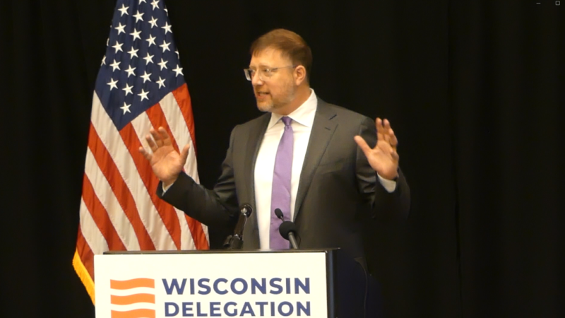 Wisconsin Dem Party Chair Ben Wikler addresses a Wisconsin delegation breakfast during the August 2024 Democratic National Convention in Chicago. Photo by David Wise, State Affairs Pro-Wisconsin/WisPolitics.