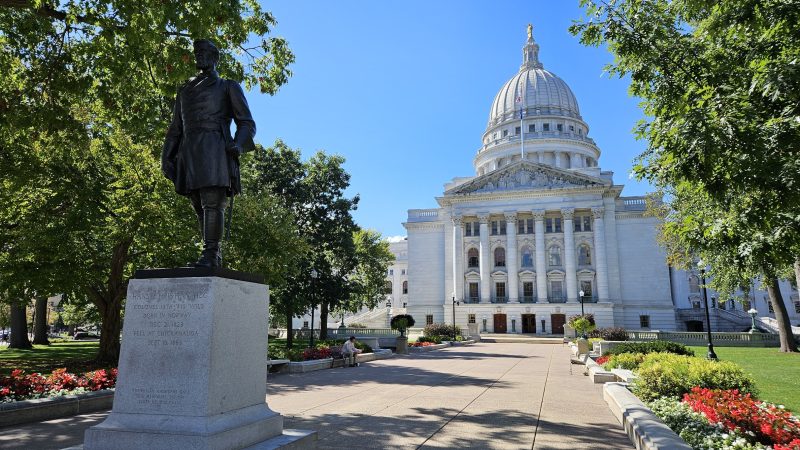 A statue of Col. Hans Christian Heg of the 15th Wisconsin Infantry Regiment stands at the King Street entrance to the Wisconsin State Capitol. Photo by David Wise, September 2024.