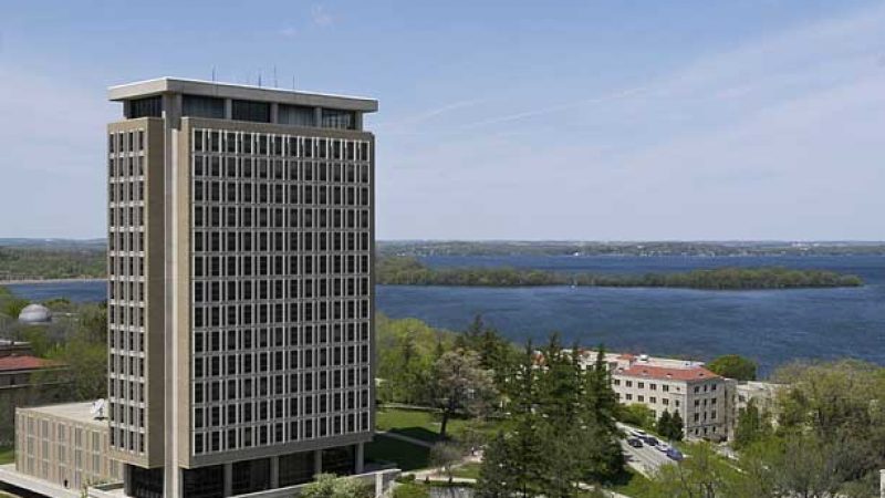 View of Van Hise Hall and Picnic Point in Lake Mendota on the University of Wisconsin-Madison campus, seen from atop Van Vleck Hall. Photo by: Michael Forster Rothbart, UW-Madison University Communications.